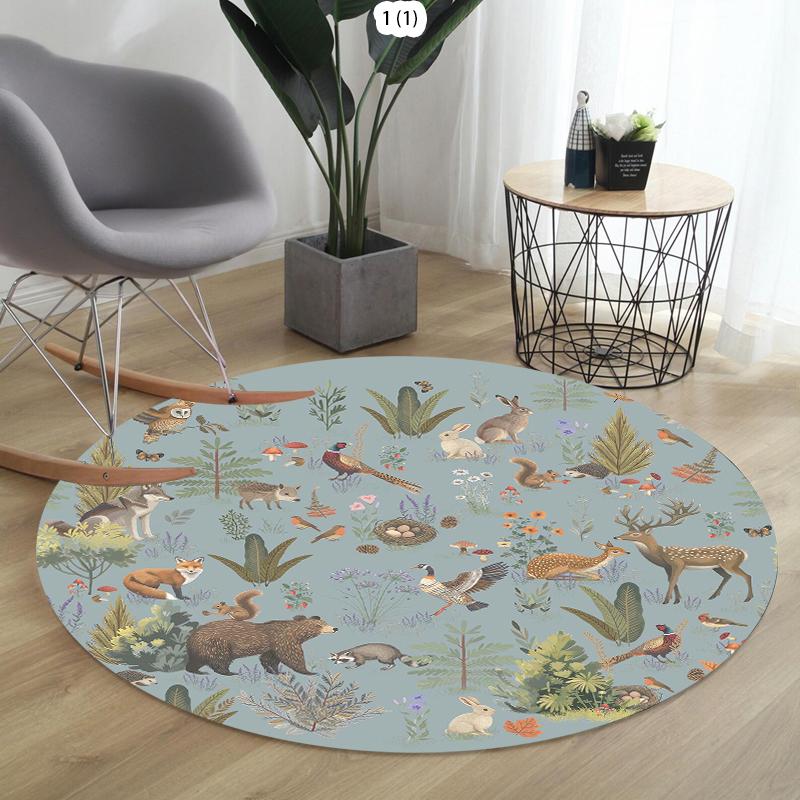 Forest Animal Living Room Round Carpet Squirrel Deer Pattern Area Rug Soft Non-slip Floor Mat for Bedroom Kids Room Decor