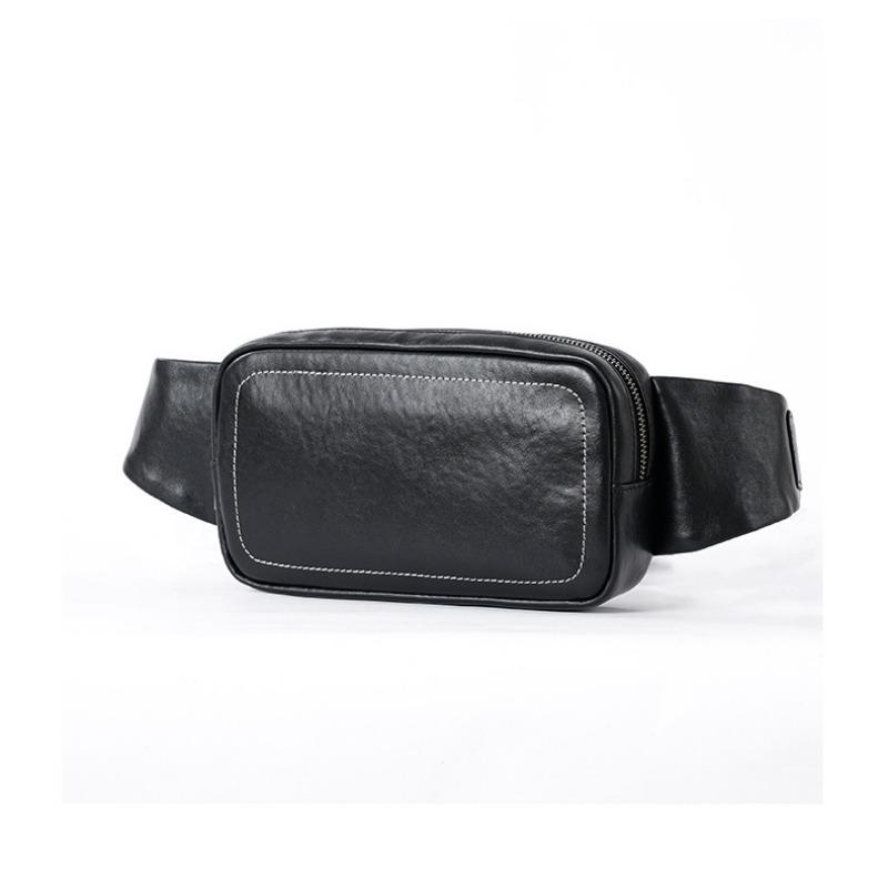 Simple Waist Pack Men's Head Layer Cowhide Car Stitching Color Contrast Fashion Chest Bag Convenient Leisure Mobile Phone Bag