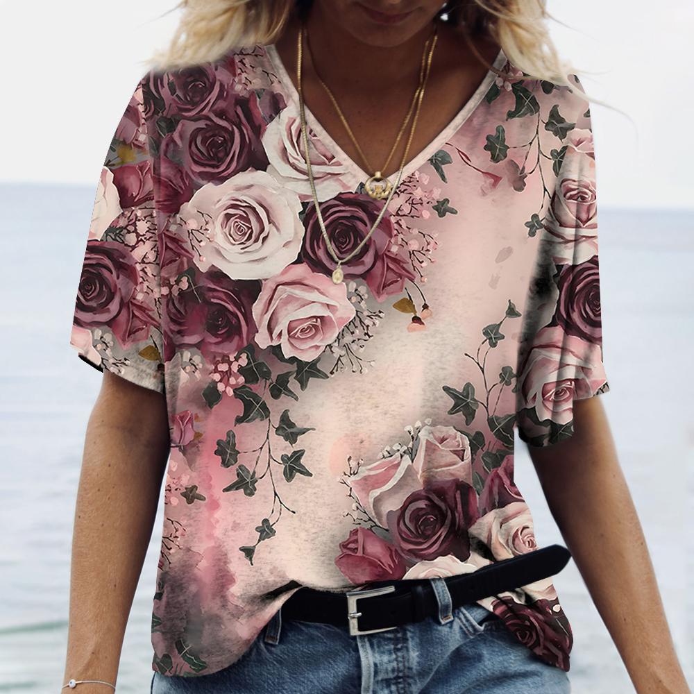 V-neck Women's Short Sleeve Summer Outdoor Casual T-shirt Tops Flower Printed Patterns Fashion