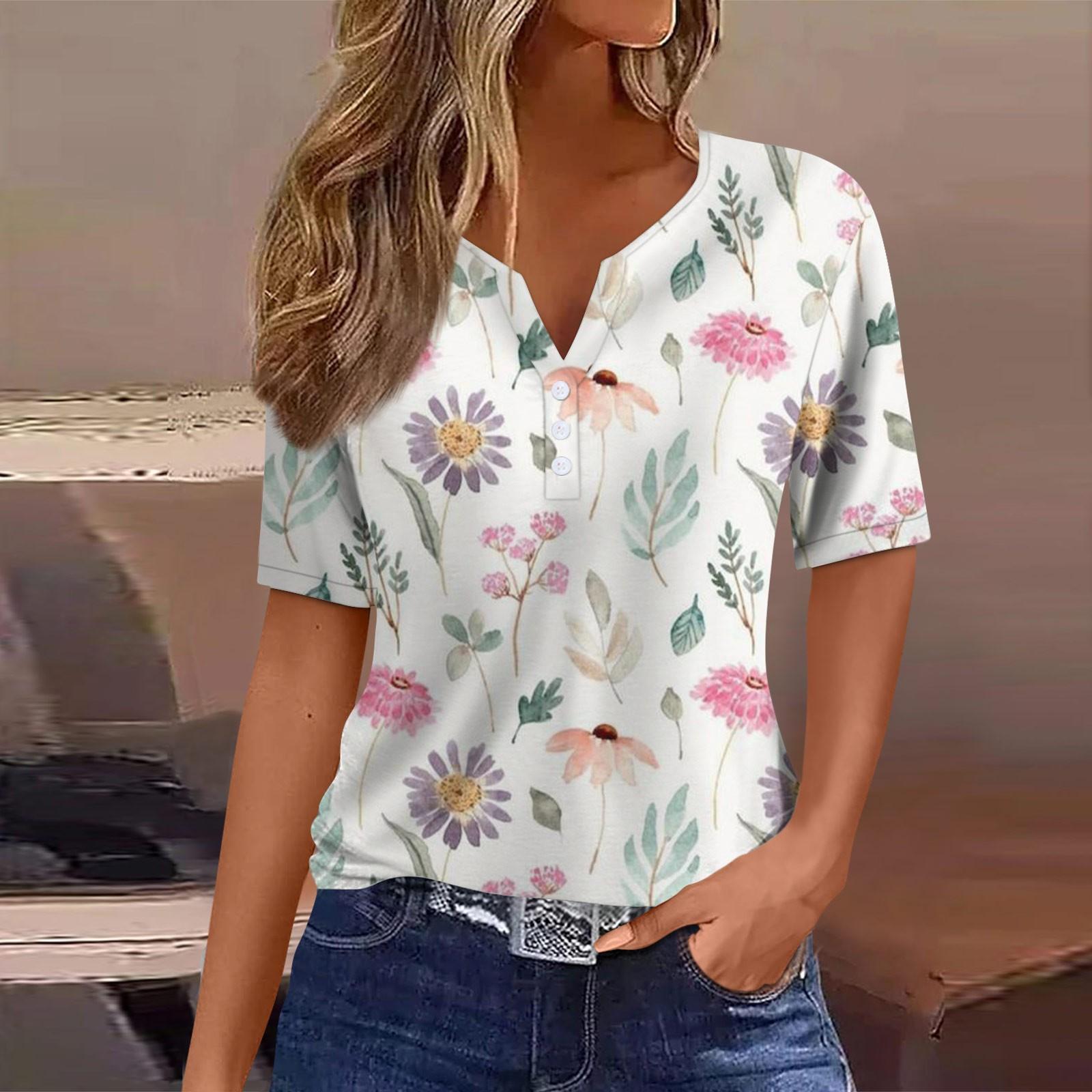 

Жен. Футболка Футболка С принтом Пуговицы С короткими рукавами Повседневные Выходные Мода Классический V-образный вырез Обычный Верх XL тёмно-синий