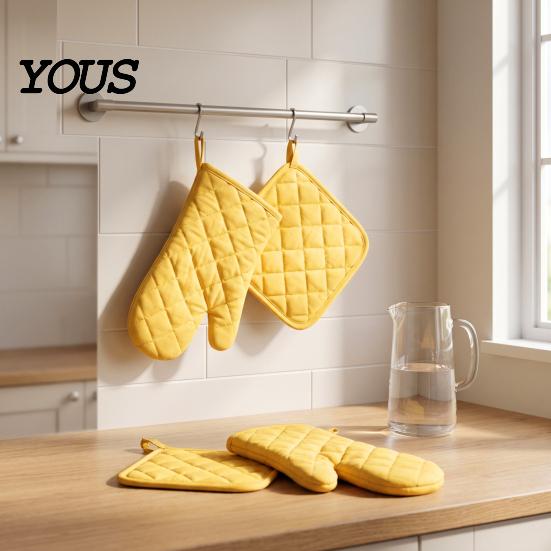 Heat Resistant Oven Mitts 4Pcs and Pot Holders Set, Cotton Kitchen Gadgets for Home Gloves, Quilted Insulated Mats Baking Cooking Accessories