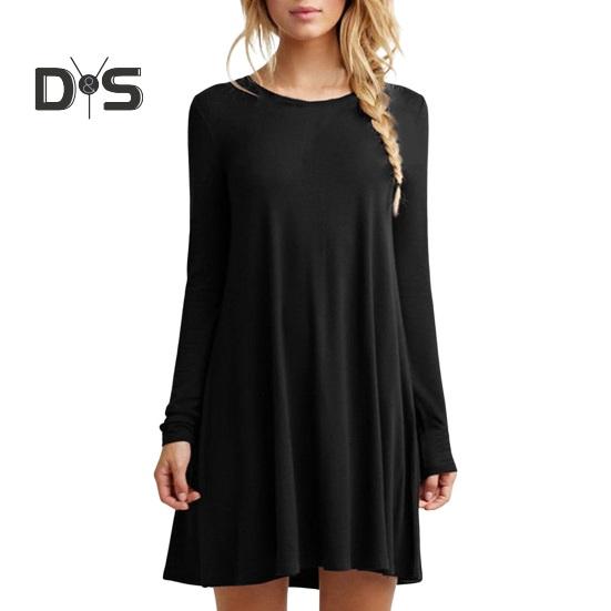 

Осенне-весеннее женское платье с круглым вырезом, свободные длинные рукава, однотонное А-силуэтное плиссированное мини-платье, повседневная одежда, короткое платье для школы и работы XL чёрный