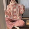 Damen Schachbrett Rose Flanell Pyjama Set - Dicke, warme Strickjacke und Rollkragen mit Reißverschluss
