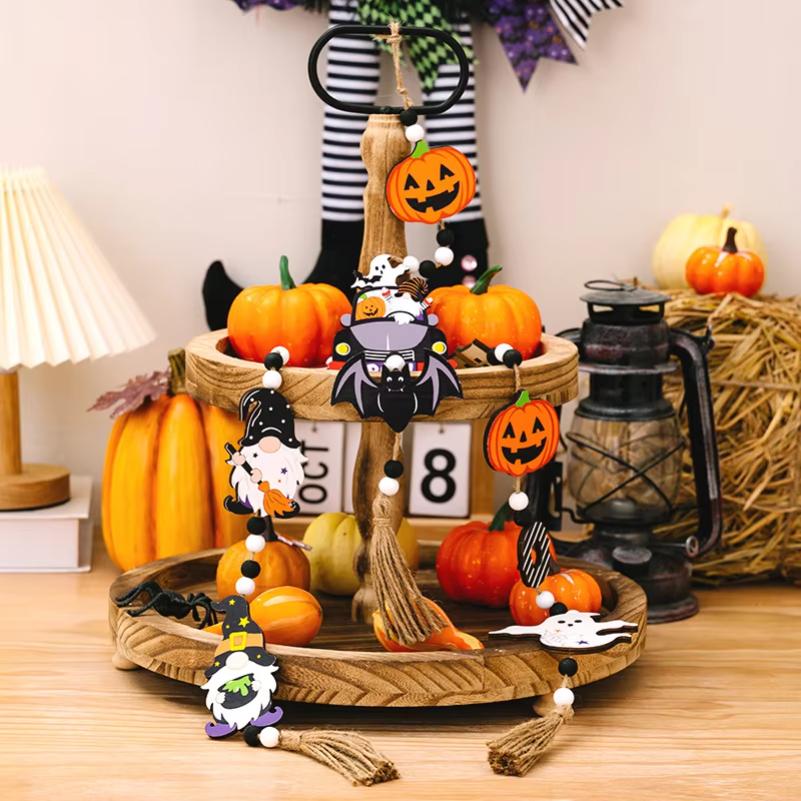 2024 Halloween Wooden Tassel Beads Pendant Gnome Pumpkin Bat Ghost wall Hanging Ornaments for Home Tiered Tray Decoration Props