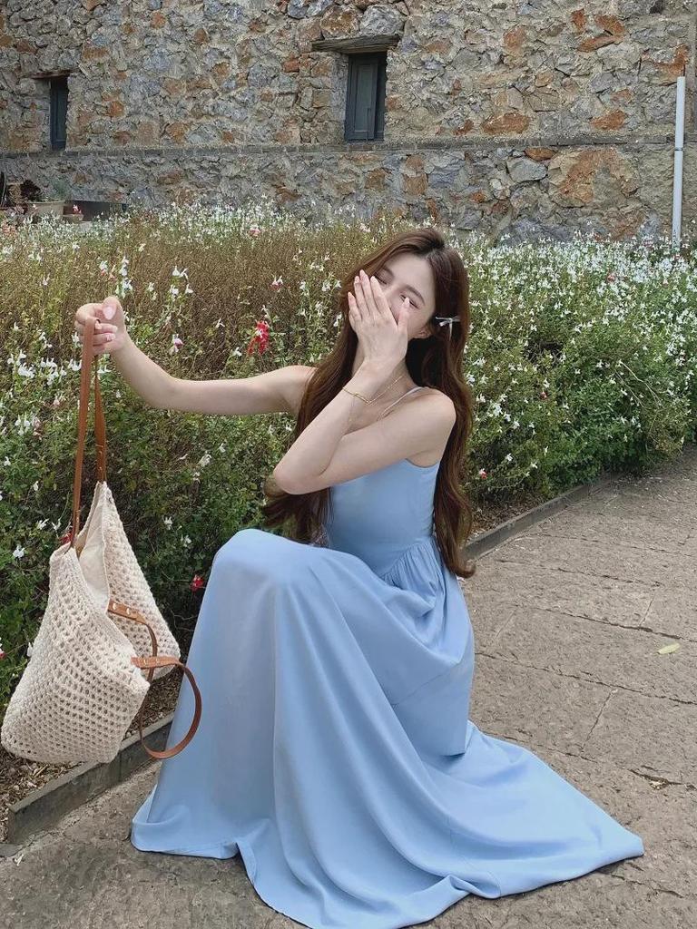 Kumikumi Blue Summer 2024 Women's Slim Waist Suspender Dress