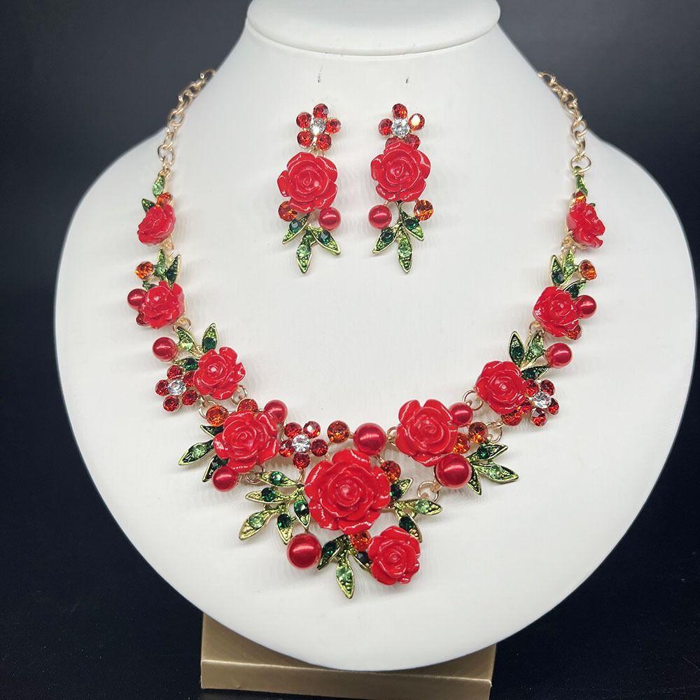 1 Set Multicolor Flowers Crystal Jewelry Set Enamel Pearl Necklace Earrings Set Exquisite Luxury Bridal Jewelry Set Banquet