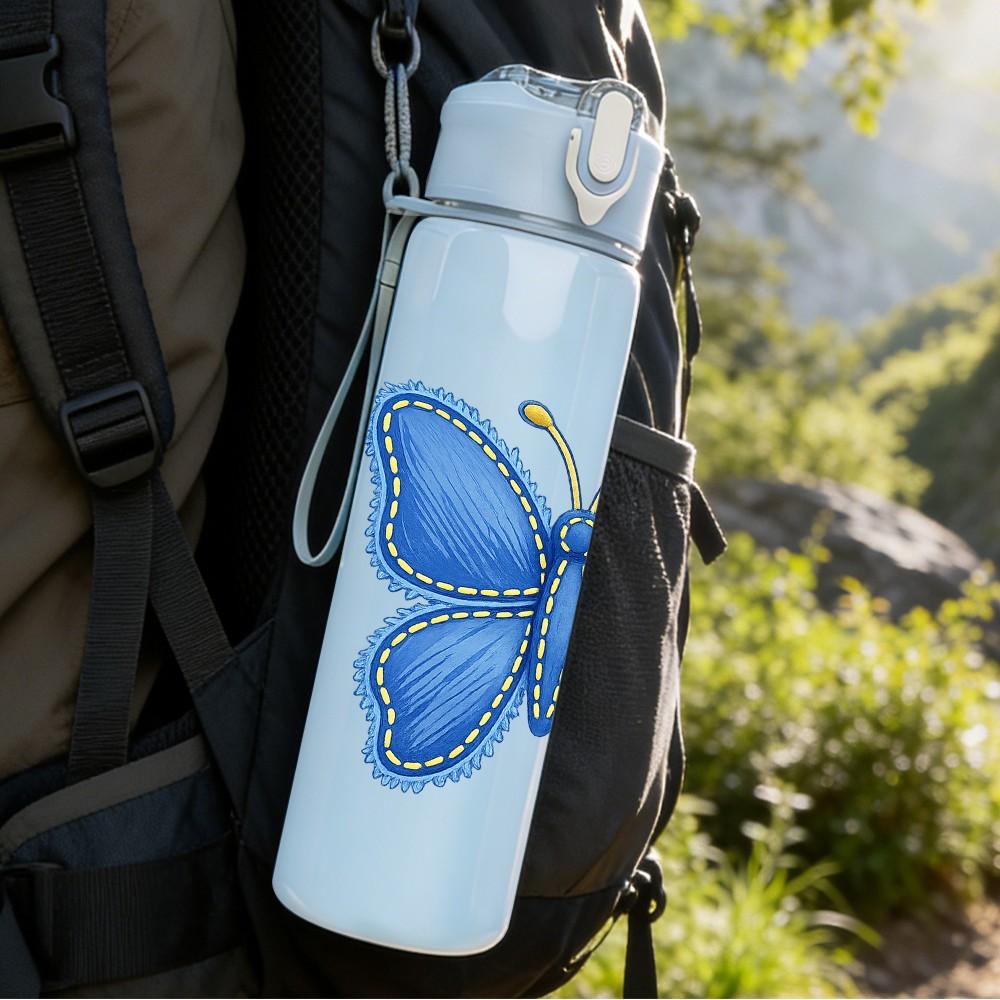 1PC Blue Butterfly Embroidery Style Print 750ml Color Plastic Sports Water Bottle Leakproof Flip Straw Lid Suitable for Sports Office Home Use