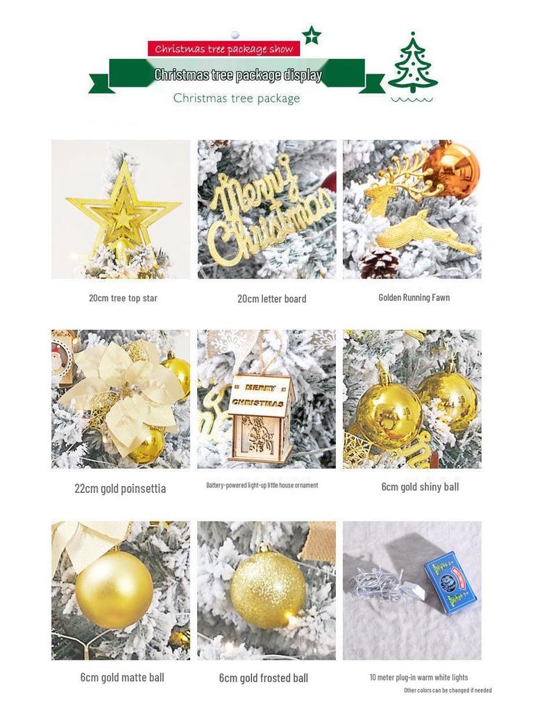 Golden Christmas Tree Set with Ornaments: 1.5m, 1.8m, 2.1m Flocked Pine with White Snow