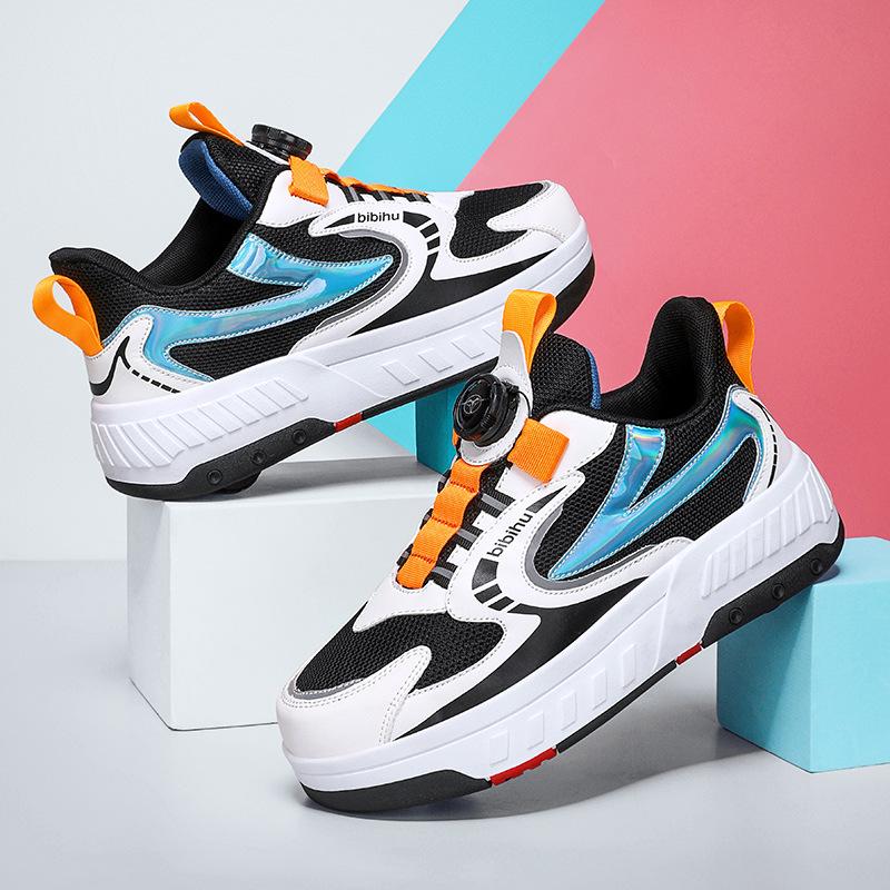 Manuelle Vierrad-Rollschuhe, Studentenversion 6-15 Jahre alt, Gehen und Skaten Rollschuhe, Sommer Mesh Atmungsaktive Schuhe mit Rollen