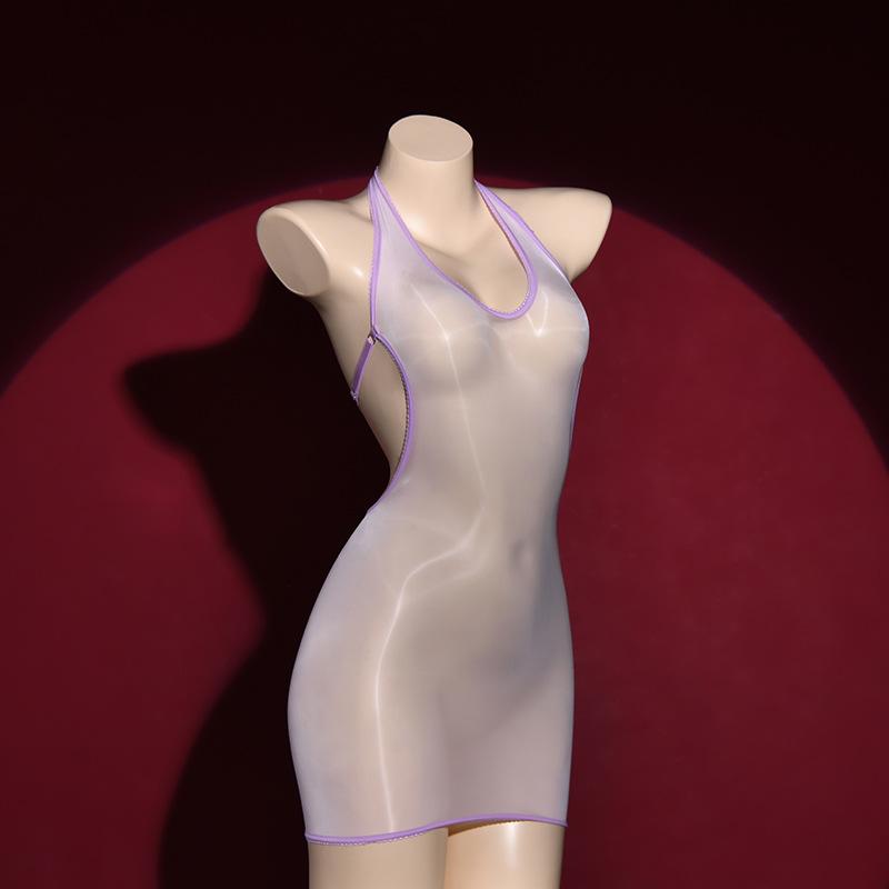 Glossy Ultra-Thin V-Neck Bodycon Dress Horse Oil Stockings Temptation Bed Black Silk Smooth Sexy Tight Mini Dress