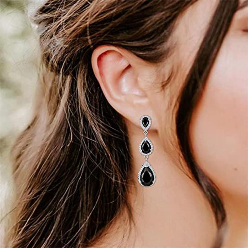 Huitan Black/Blue Pear Cubic Zirconia Long Hanging Earrings for Women Temperament Lady's Ear Accessories New Trendy Jewelry Bulk