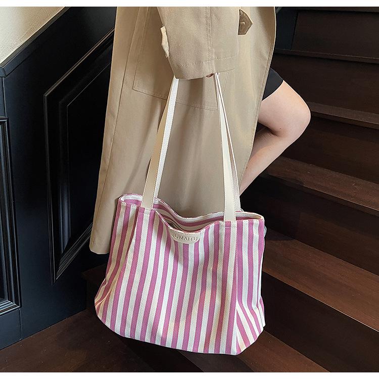 Retro Striped Canvas Tote: Fashionable Large-Capacity Single Shoulder Shopping Bag for Women