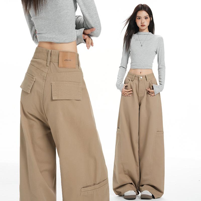 "High Quality" khaki overalls women's 1116 spring new casual wide-leg straight denim trousers lengthened 69