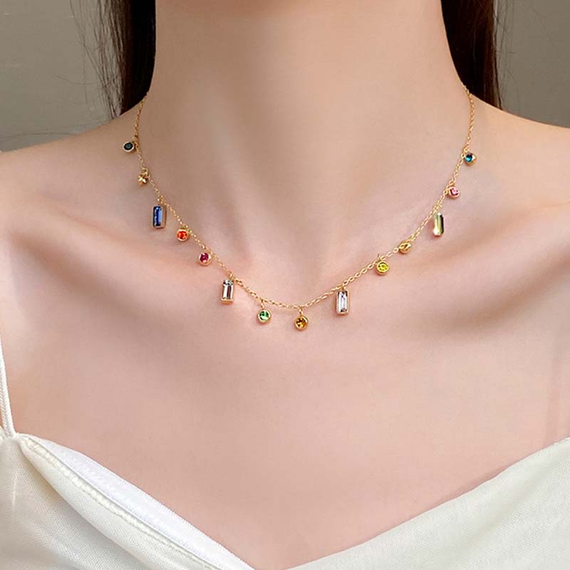 Stainless Steel Colorful Zircon Square Pendant Necklace For Women Fashion Crystal Geometric Neck Chain Zircon Gift