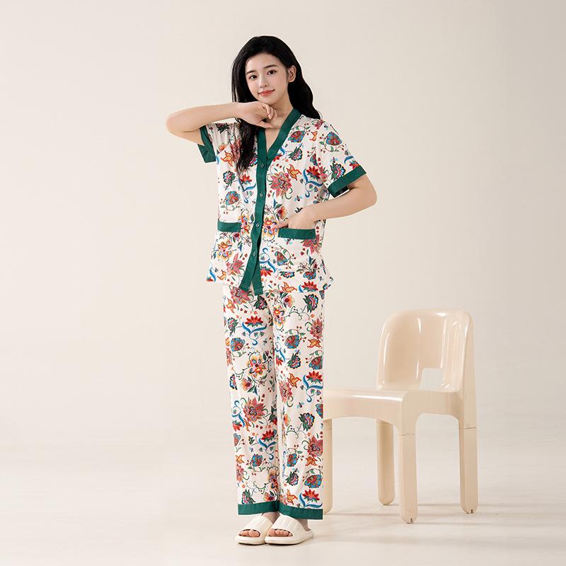 Women's Floral Ice Silk Pajama Set - Loose Short Sleeve & Shorts, 3-Piece Summer Loungewear