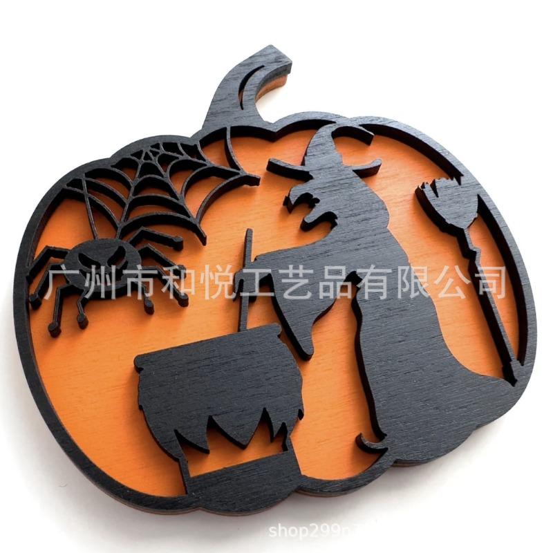 Halloween Wood Crafts Pumpkin Carving Pattern Decorative Ornament 3D Pumpkin Bat Ghost Holiday Ornament