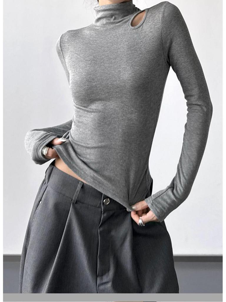 Women's Slim Fit Velvet Turtleneck Long Sleeve T-Shirt, Gray, 2025 Spring/Autumn/Winter Collection.