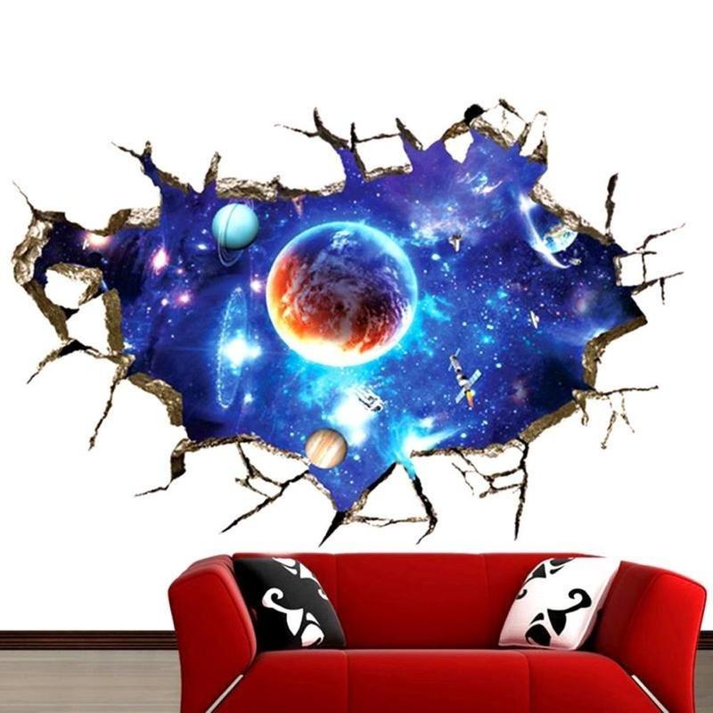 New 1Pc 3D Stereo Broken Wall Space Planet Wall Sticker Bedroom Living Room Ceiling Decoration Paste