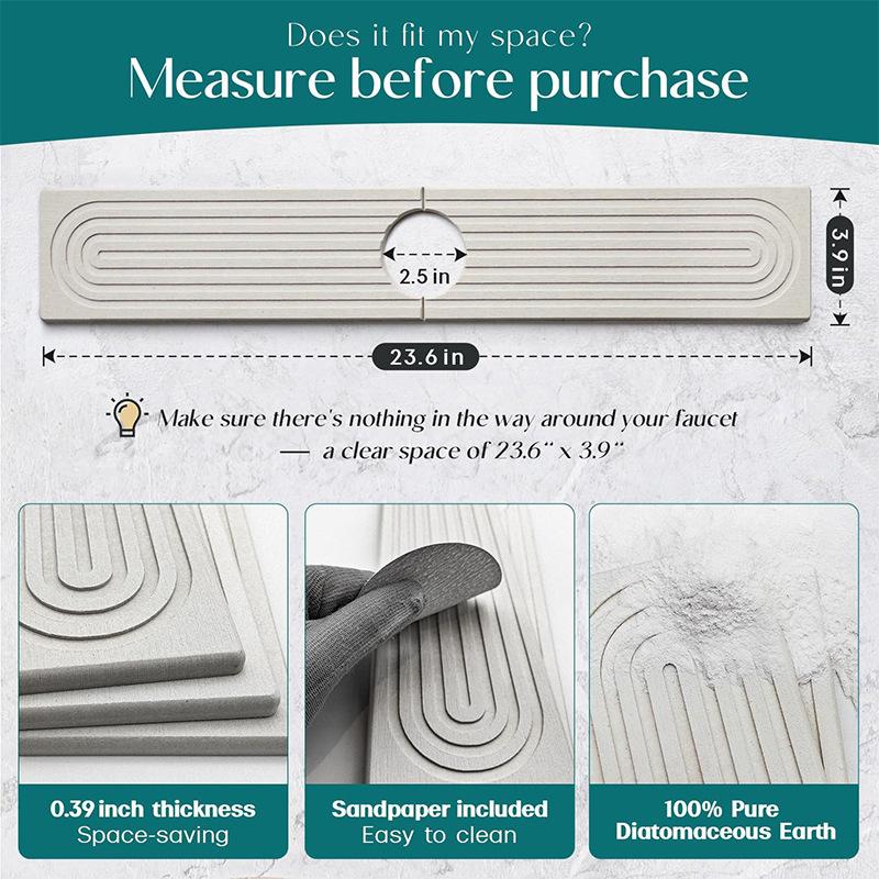 Faucet Mat for Kitchen Sink  Long Diatomite Fast Drying Stone Sink Tray, Super Absorbent, Faucet Splash Guard for Bathroom Counter