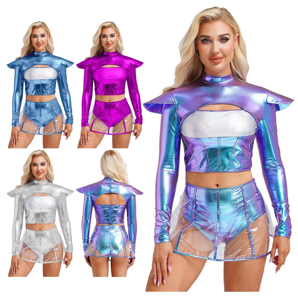 Womens Alien Costume Long Sleeve Hollow Out Cropper Top Transparent Skirt Space Themed Club Wear Outfit