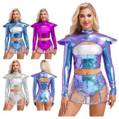 Kadın Uzaylı Kostümü Uzun Kollu Oyuklu Crop Top Şeffaf Etek Uzay Temalı Kulüp Kıyafeti