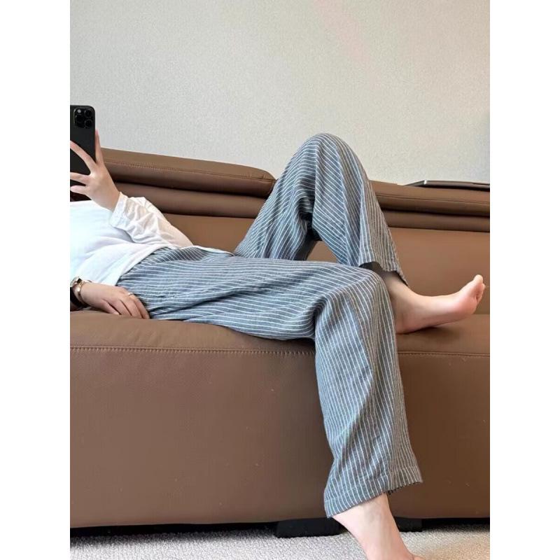 CHAO-Level Comfort: Grey Striped Cotton-Linen Drawstring Pants. Flattering, Straight-Leg Design for Shorter Figures. Large
