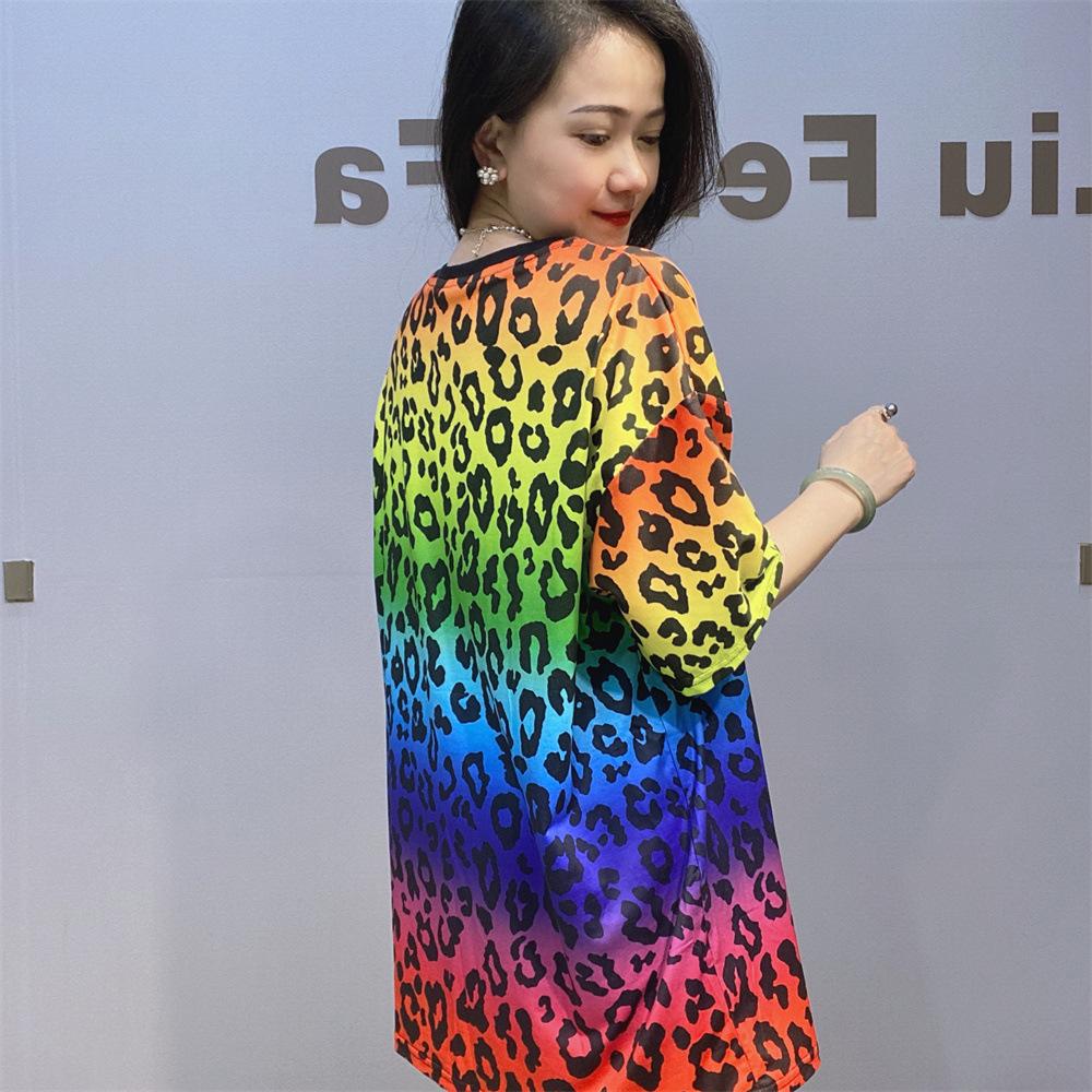 Fashion Leopard Print T Shirts Women Summer Clothes Casual Character Pattern Diamonds Beading Short Sleeve Tops