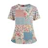 Women's Loose Short Sleeved Fashionable Square Printing V-neck Buttonable Side Slit Top T-shirt