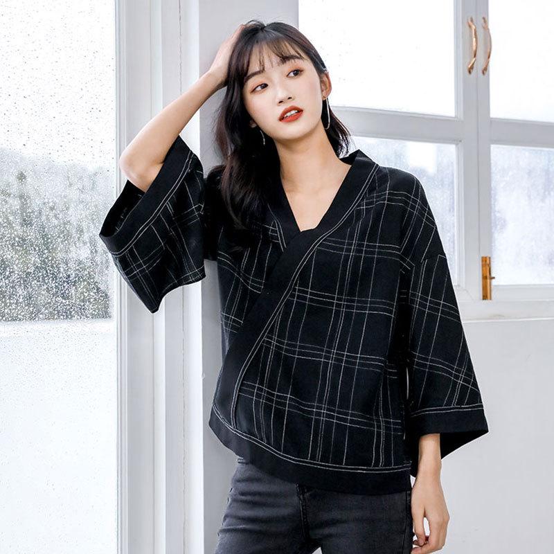 Korean Style Loose Plaid V-Neck Batwing Sleeve Women s Shirt S