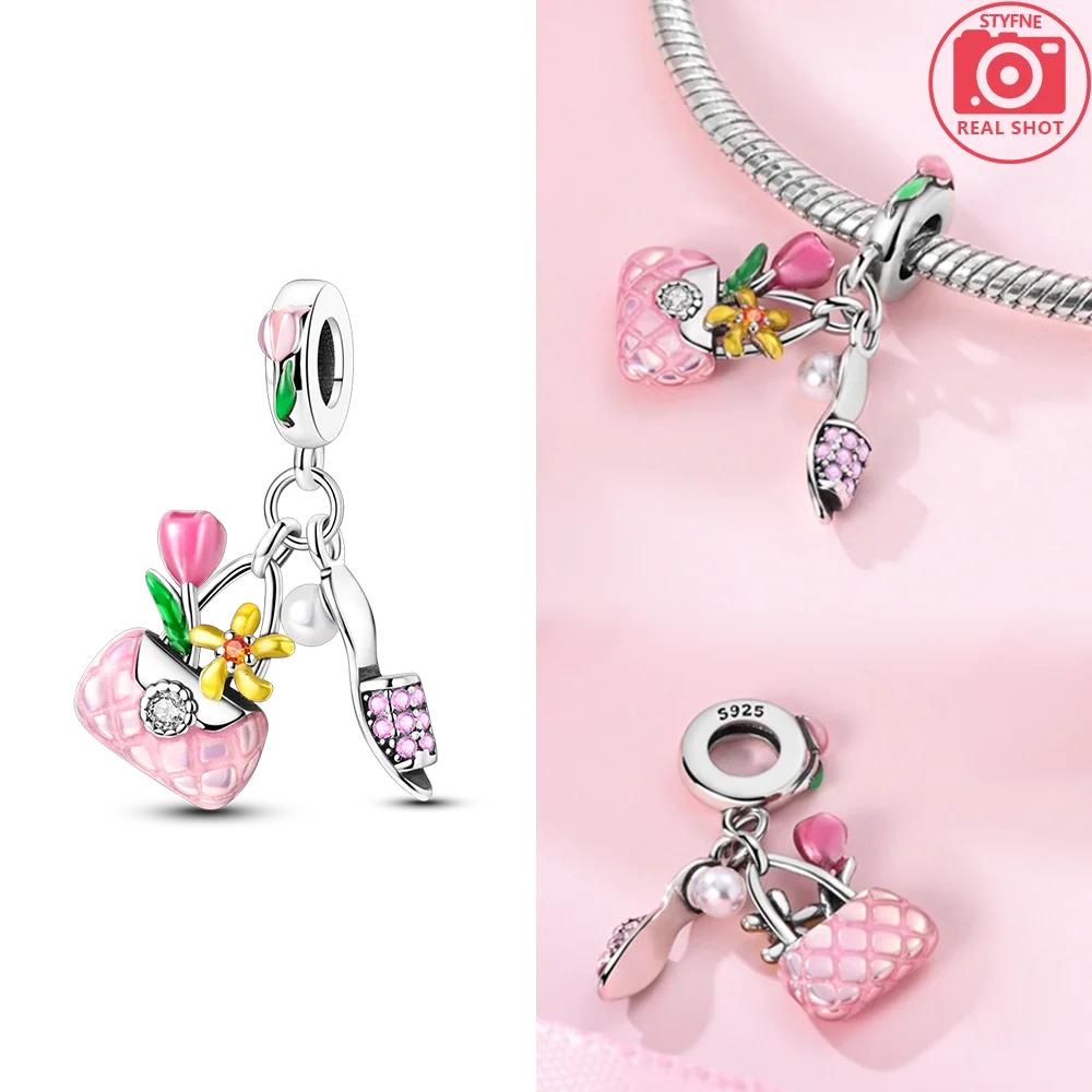 Copper Color Trunk Heart Shape Bow Pink Charms Beads Fitoriginal Bracelets Fine Diy Birthday Women Jewelry Gift