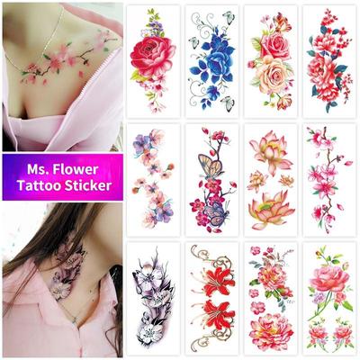 Waterproof Sweat Female Flower Tattoo Sticker Women's Flower Rose Peony Plum Flower Tattoo Sticker