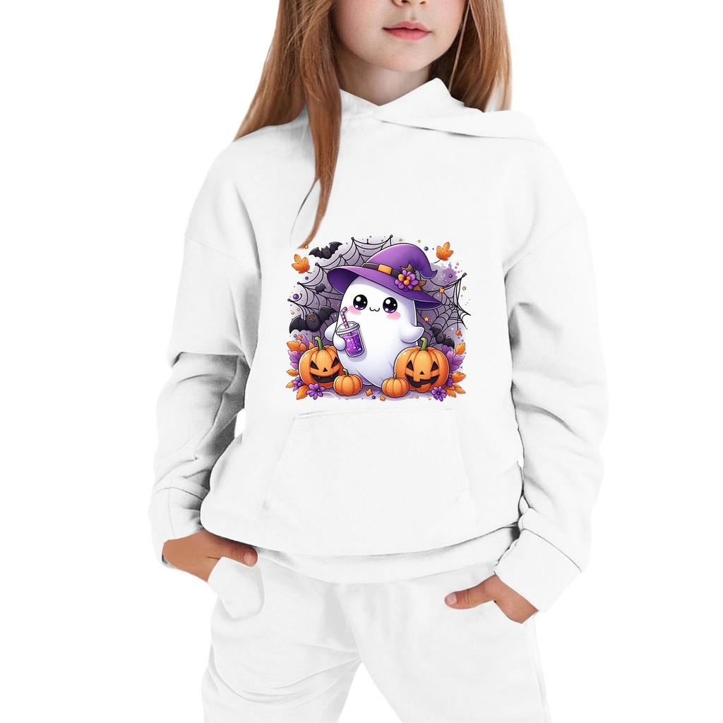 Kids Halloween Hoodie Pullover Sweatshirt with Ghost Pumpkin Print Long Sleeve Casual Top for Boys Girls