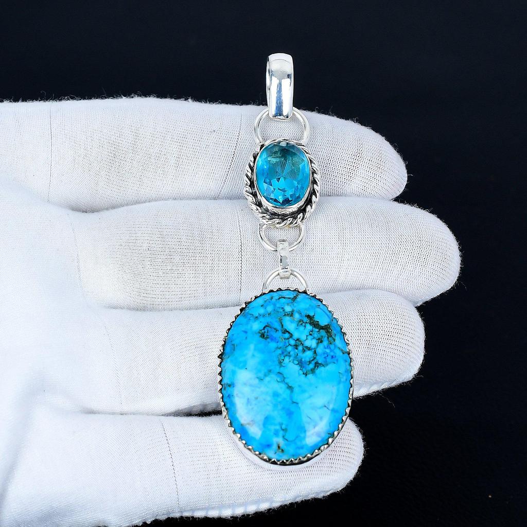 Tibetan Turquoise Pendant, 925 Sterling Silver Handmade Jewelry, Blue Topaz Silver Pendant, Party Wear Jewelry For Women's, Pendant Gift For Her