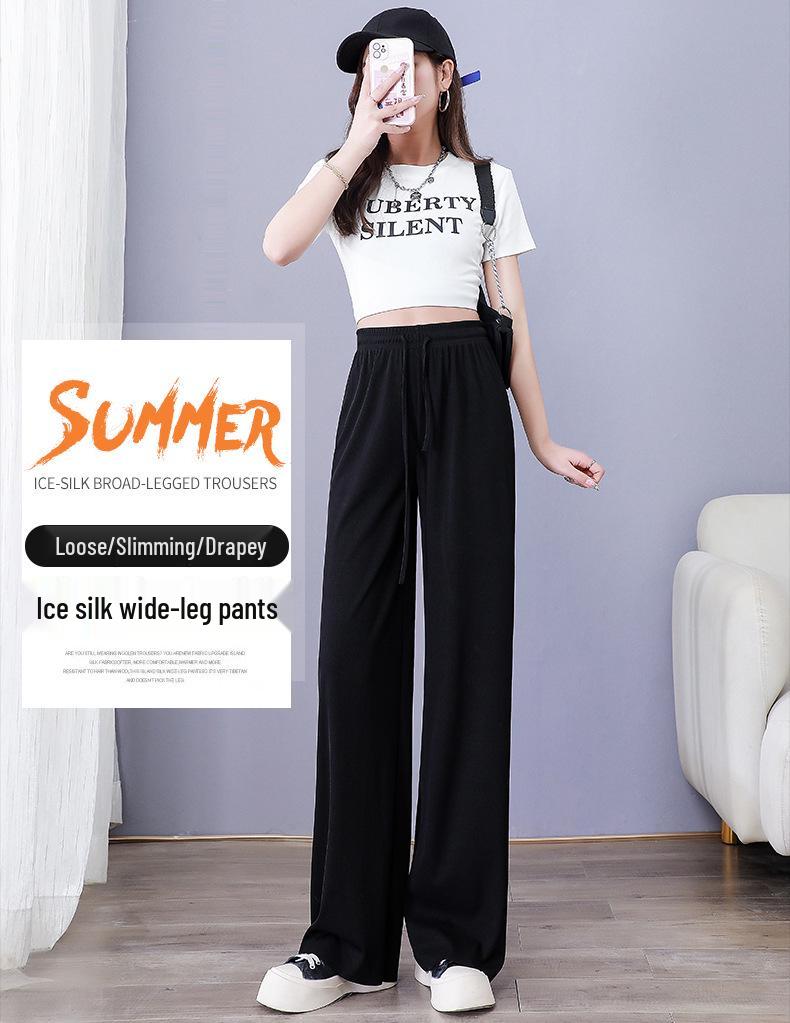 Pantaloni Larghi Estivi da Donna a Vita Alta in Seta Ghiacciata - Modellanti, Drappeggiati, Casual da Studentessa, Vestibilità Larga, Gamba Dritta Stretta.