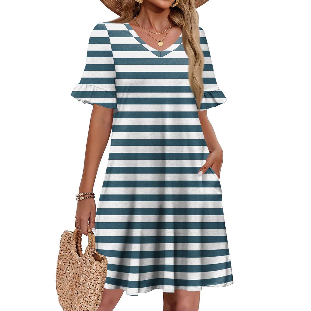 Damen A-Linie Sommerkleid Kurzarm V-Ausschnitt Bedrucktes Kleid Mit Taschen