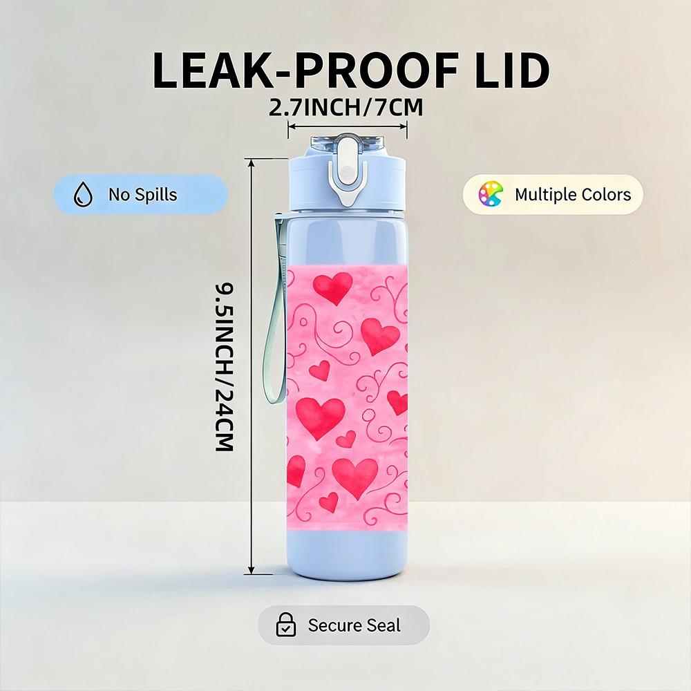 1PC Pink Red Heart Love Pattern Print 750ml Color Plastic Sports Water Bottle Leakproof Flip Straw Lid Suitable for Sports Office Home Use