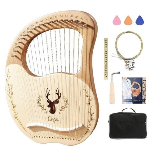

19-String Wooden Lyre Harp with Metal Strings, Compact and Portable Mahogany for Beginners, Easy to Use, Includes Tuning Wrench and Storage Bag, Suita