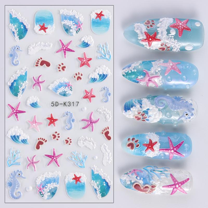 Summer Beach Jellyfish Nail Stickers Colorful Shell Starfish Conch Fish Adhesive Embossed Decals Manicure Foils for Decor