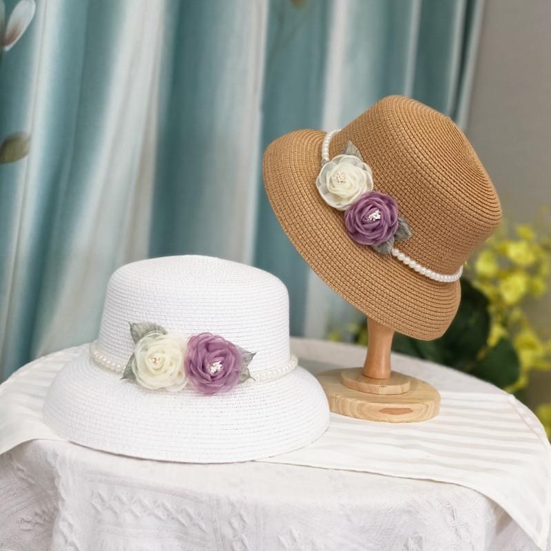 Chic Ins Sommergress Hepburn Elegant Liten Brem Organza Rose Perlekjede Dame Bøttehatt Kvinner Fiskerhatt