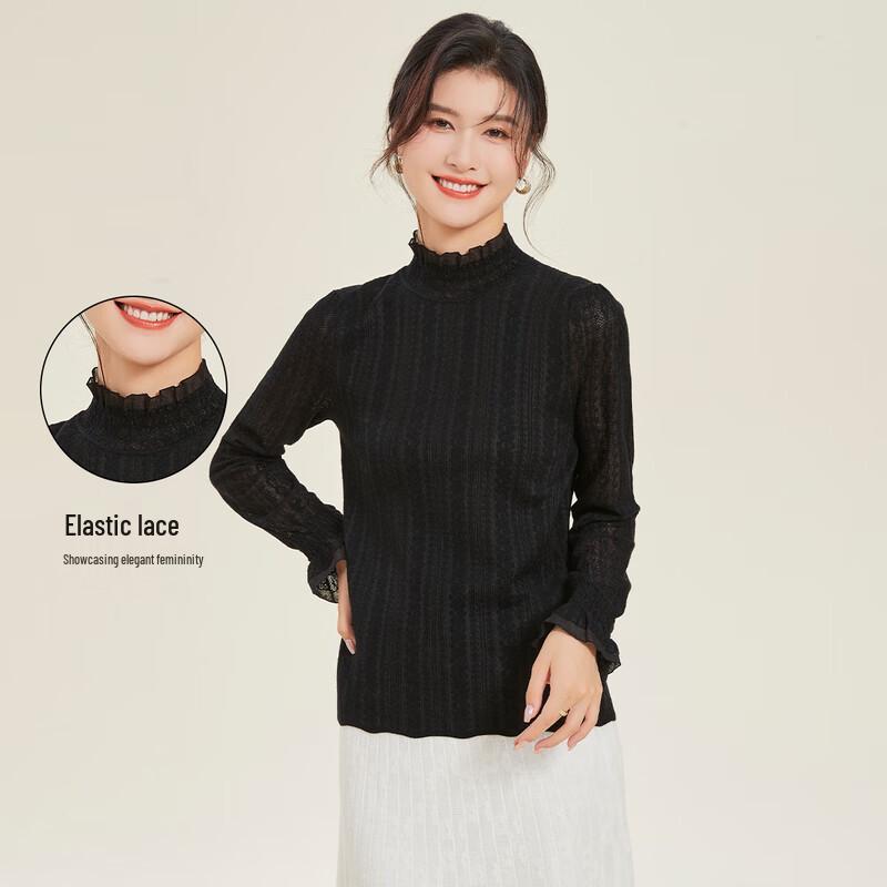 Women's Spring Lace-Trim Knit Sweater with Wool & Silk Blend