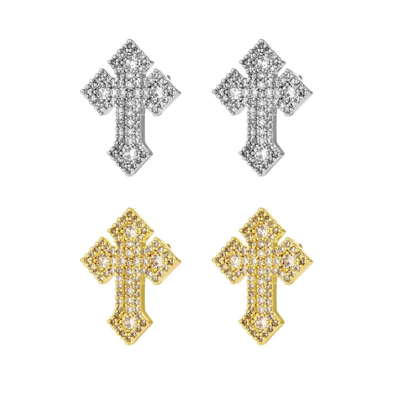 Dainty Crosses Designs Copper Ear Studs Elegant Everyday Jewelry Stylish Rhinestones Crucifix Ear Accessories