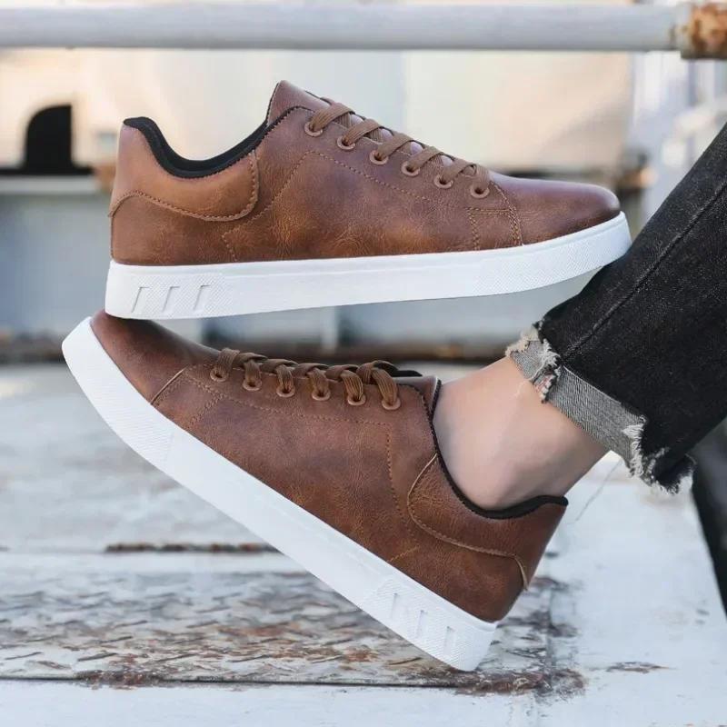 Men's Leather Casual Shoes Fashion Sneakers Lace Up Vulcanized Shoes Lightweight Leather Tennis Shoes for Men Zapatillas Hombre