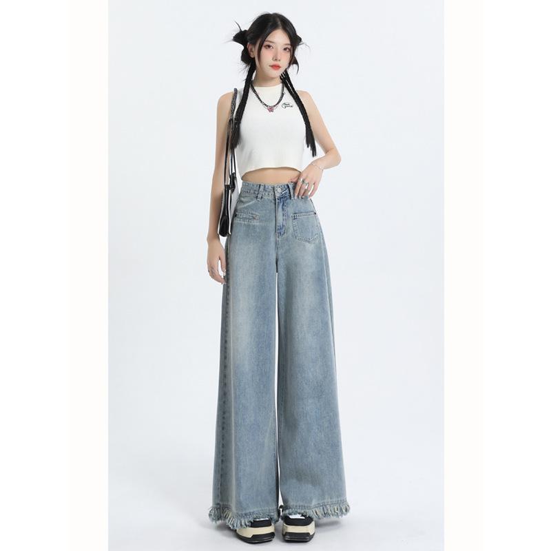 American Raw Edge Wide-Leg High-Waist Jeans for Women - Trendy Floor-Length Straight Pants