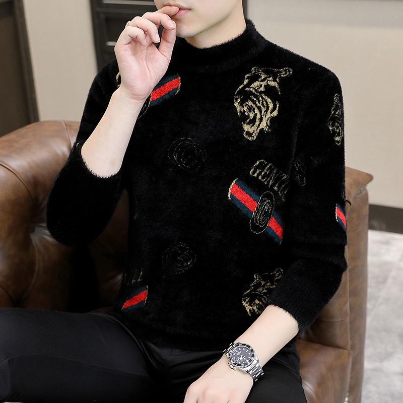 

Осенне-зимний свитер из норкового флиса, мужской утепленный жаккардовый свитер с подкладкой, полусвитер с высоким воротником, зимняя модная нить