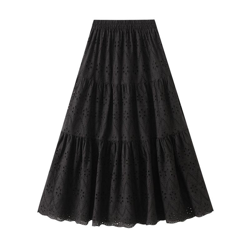 Women Summer Maxi Skirt Cute Elastic High Waist Boho Eyelet A-Line Flwoy Long Skirts Spring Lace Tiered Maxi Skirt Beach Vacation Skirts for Women