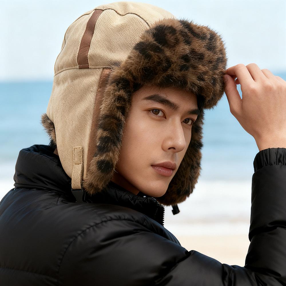 Leopard Plüsch Bombermütze Herren Damen Herbst Winter Dick Winddicht Kalt Skimütze Baumwollmütze Ohrenschutz Reitmütze