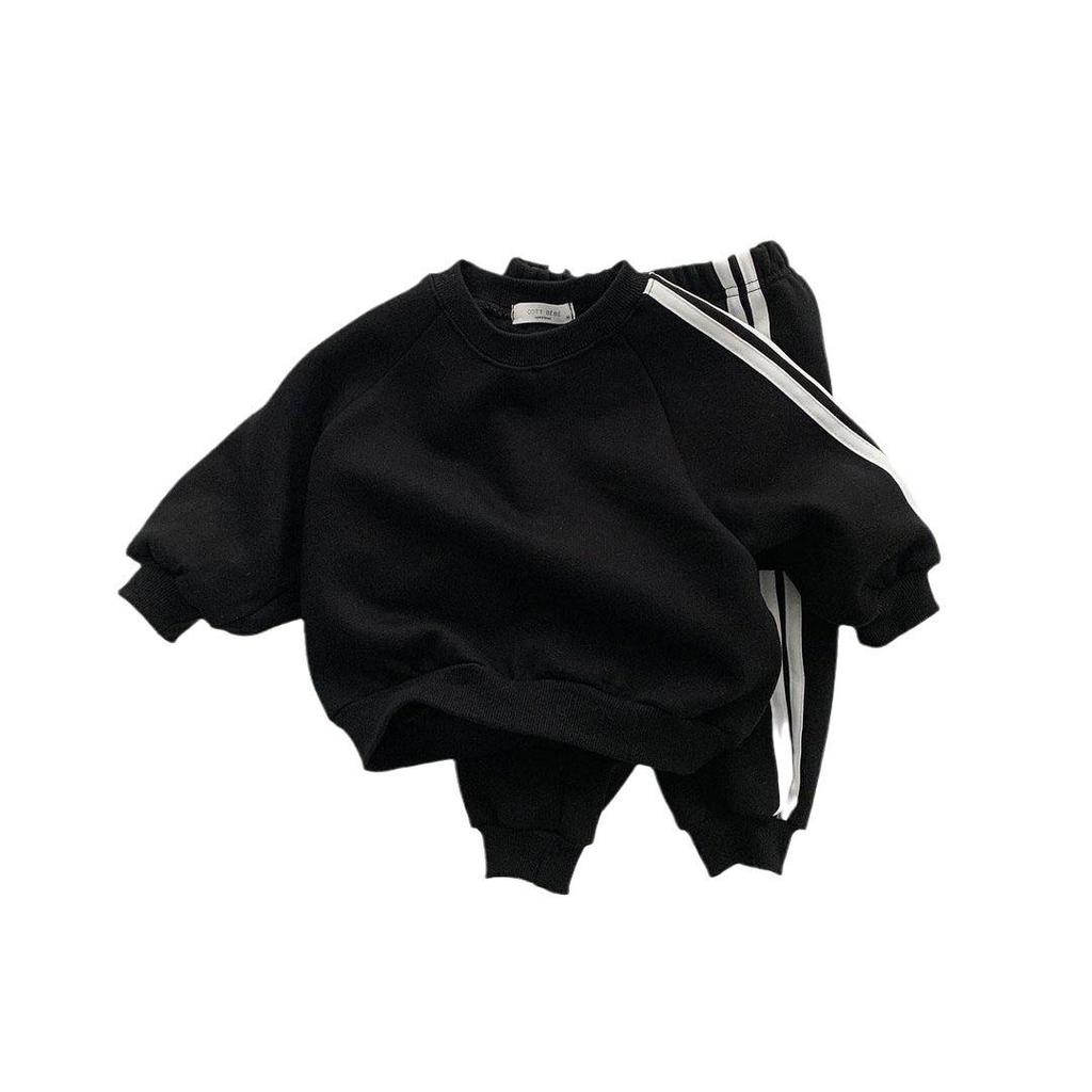 Korean Children's Side Stripe Cotton Sweatshirt & Pants Set for Boys and Girls - Autumn/Spring Casual Style