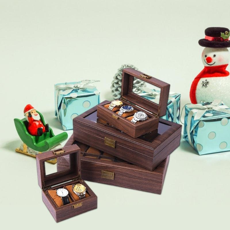 2/3/6/10/12 Grid Watch Box Wood Watch Cases Display Holder Wristwatch Organizer Jewelry Gift Box with Clear Lid & Pillow