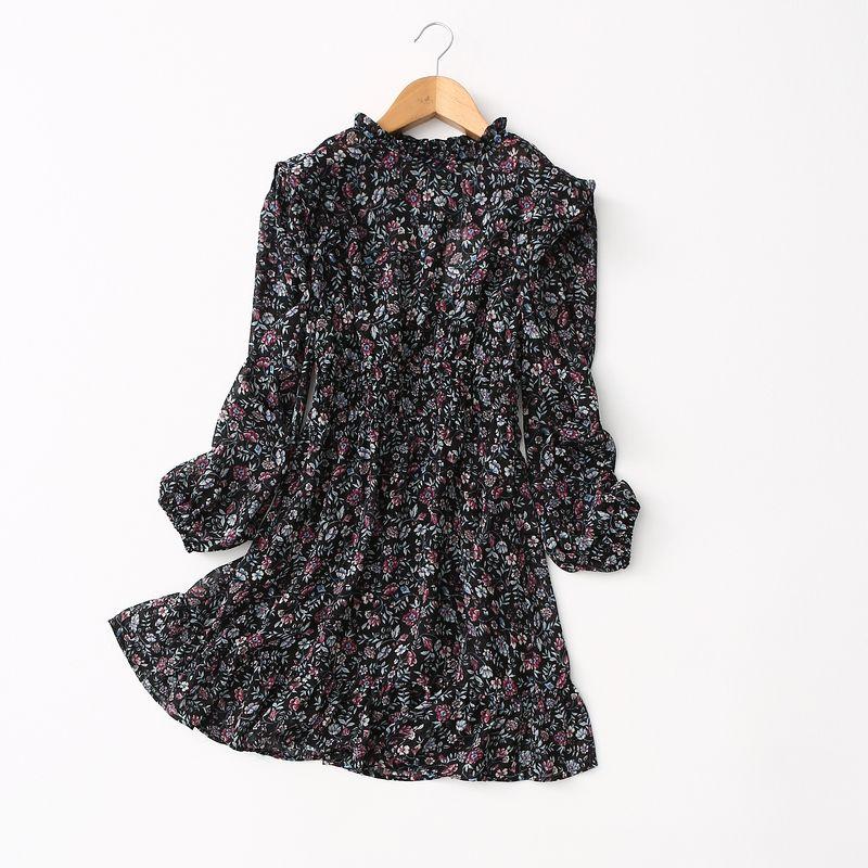

Foreign Trade Export Waist Hugging Slimming Elegant Stand Collar Retro Small Floral Long sleeve Chiffon Dress Two-piece Set Spring and Autumn Printed 36