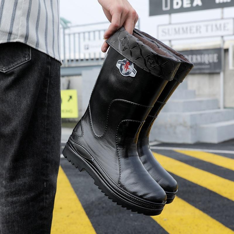Slippery black-soled rain shoes men's thickened non-slip and wear-resistant water shoes cotton thick velvet water boots construction site waterproof